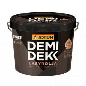 Ein schwarzer JOTUN DEMIDEKK LASYROLJA Holzöleimer auf grünem Hintergrund.